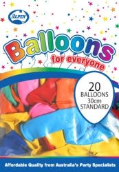 Balloons Alpen 30Cm Standard Mixed Colours Pk20